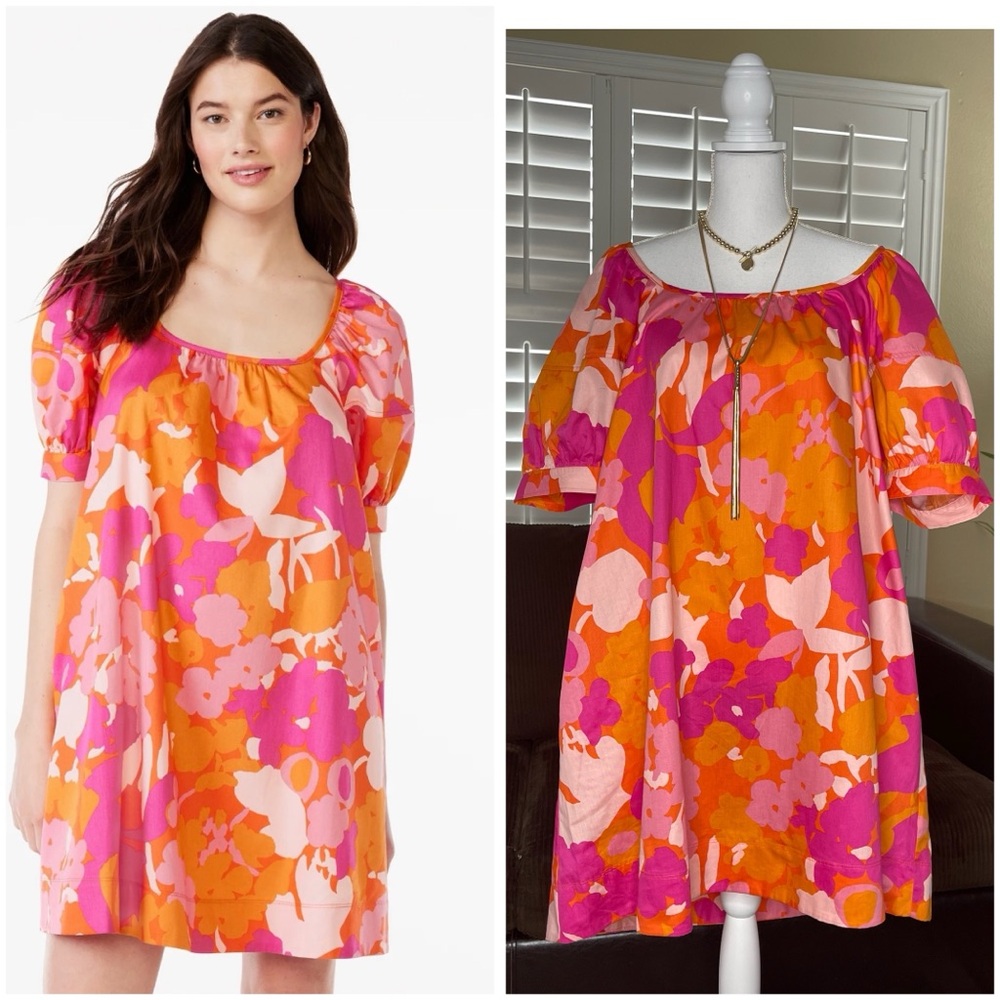 Free Assembly Women's Square Neck Mini Dress with Puff Sleeves